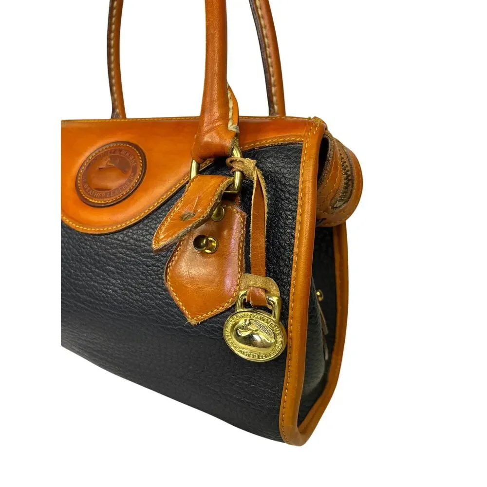 Vintage Dooney & Bourke AWL Navy British Tan Leather Barrel Satchel USA